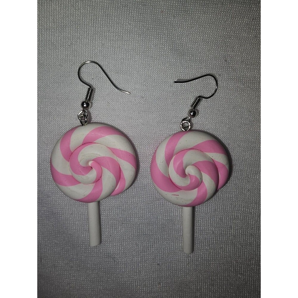 Whirly Lollipop Dangle Pierced Earrings Resin Silver Hook Candy 2.5" Pink White